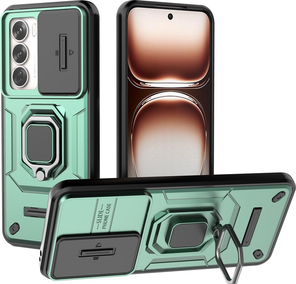 Hülle für Oppo Reno12 Dual Layer Handyhülle Schiebe Kamera Schutz und Ringhalter Ständer Grün