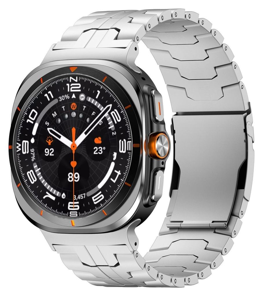 A smart watch with a metal band, displayed against a white background.