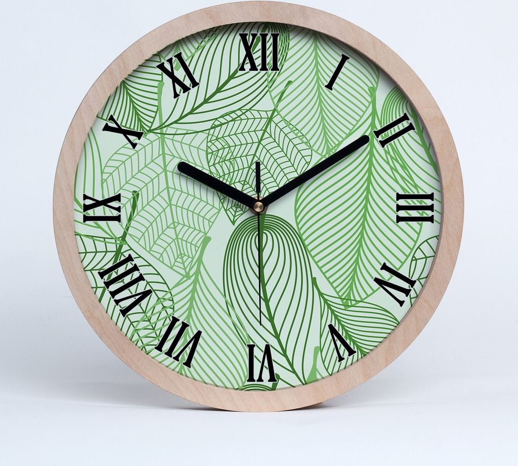 Holzuhr 30fi cm wanduhr - schwarze Spitzen - Blätter-Muster