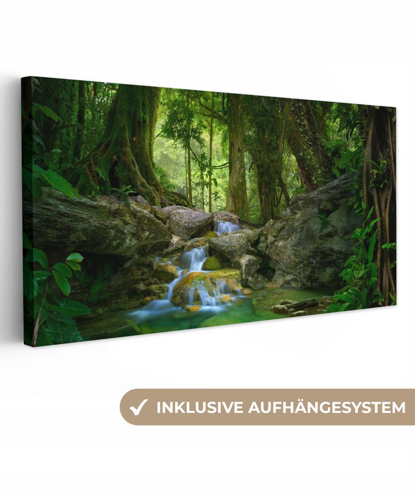 MuchoWow - Leinwandbilder - Dschungel - Steine - Wasser - Natur - Pflanzen, Wandbild, Wanddeko Bilder Wohnzimmer, 80x40 cm