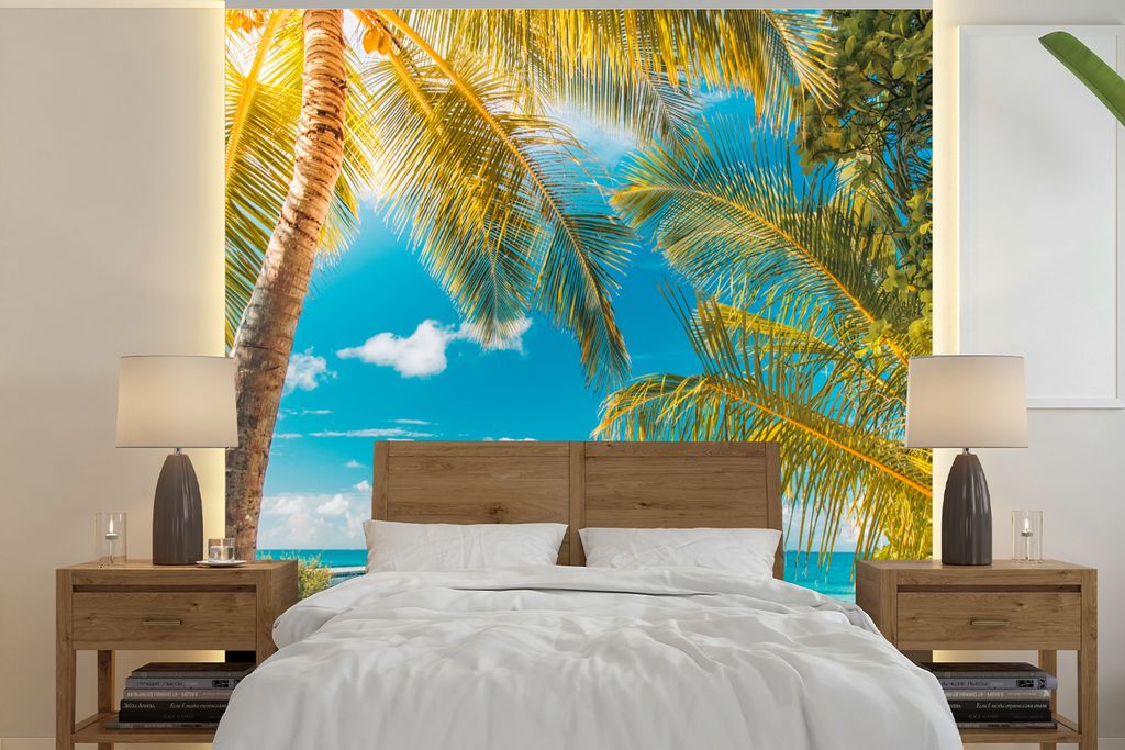 MuchoWow Fototapete für Wohnzimmer oder Schlafzimmer Wandtapete Vinyl Motivtapete Strand - Palme - Meer - 220x220 cm - Tapeten