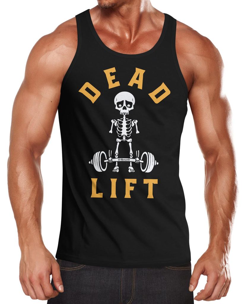 Herren Tanktop Print-Shirt Bedruckt Dead Lift Skelett Totenkopf Bodybuilding Hantel Muscle Shirt Achselshirt Moonworks schwarz-rot L