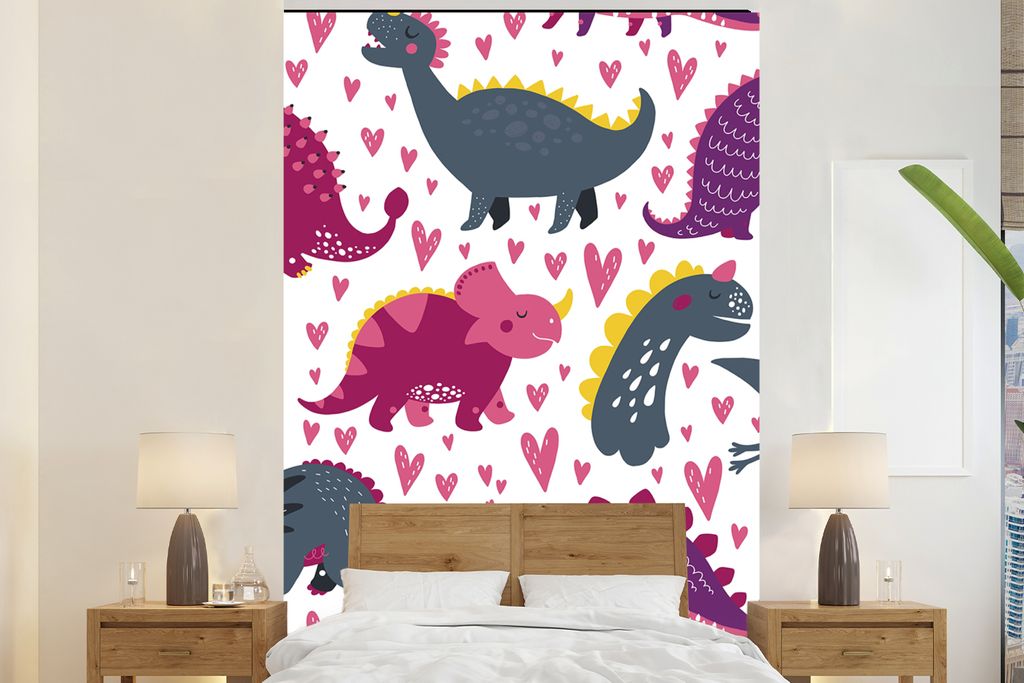 MuchoWow Fototapete für Wohnzimmer oder Schlafzimmer Wandtapete Vinyl Motivtapete Dino - Herz - Muster - Rosa - Mädchen - Dinosaurier - 160x240...