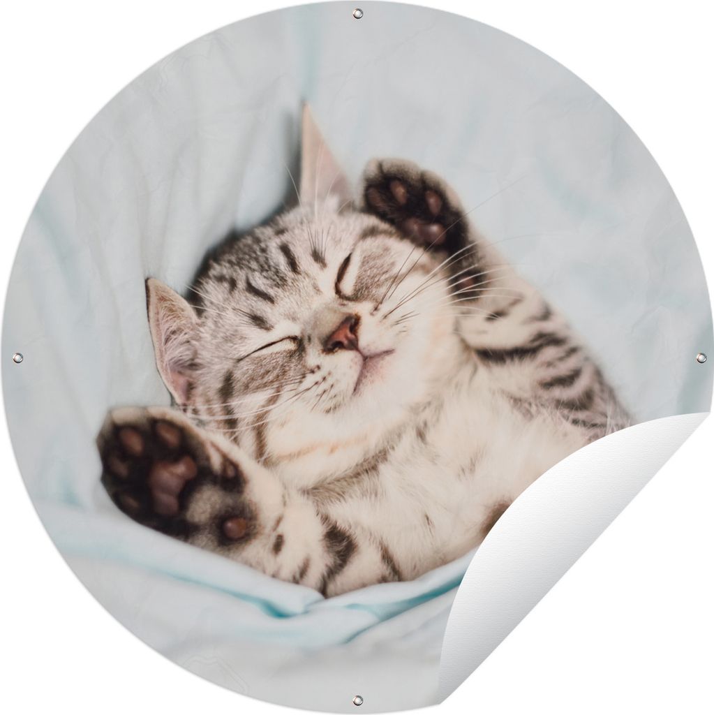 MuchoWow Gartenposter Outdoor-Poster Rund Kätzchen - Bett - Pfoten - Mädchen - Kinder - Kinder - Kind Ø 120 cm Gartendeko Rundes Poster draußen