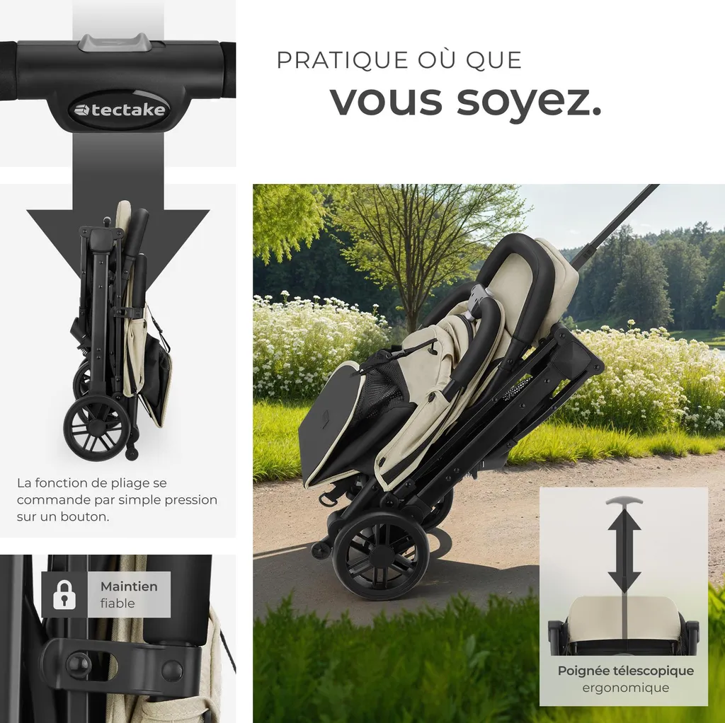 Poussette compacte FINN : la solution gain de place avec harnais 5 points