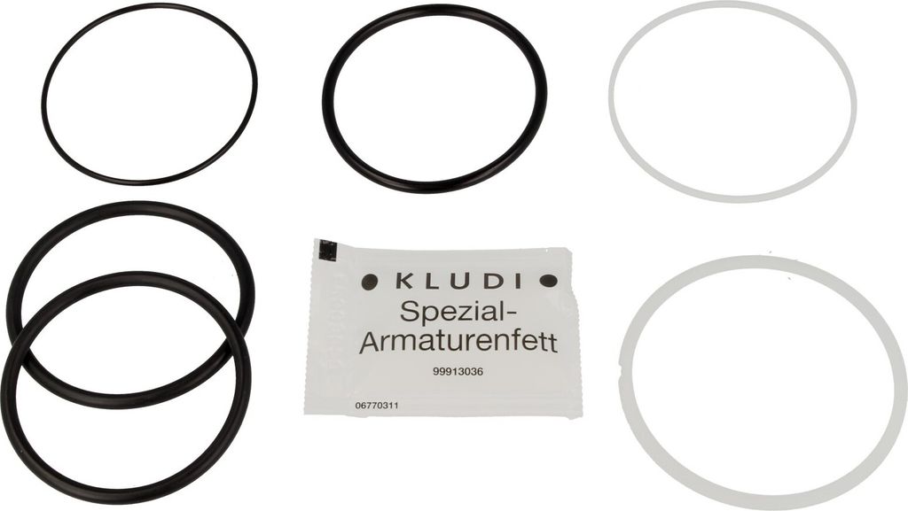 A collection of rubber O-rings and a small packet of lubricant, likely for plumbing fixtures.