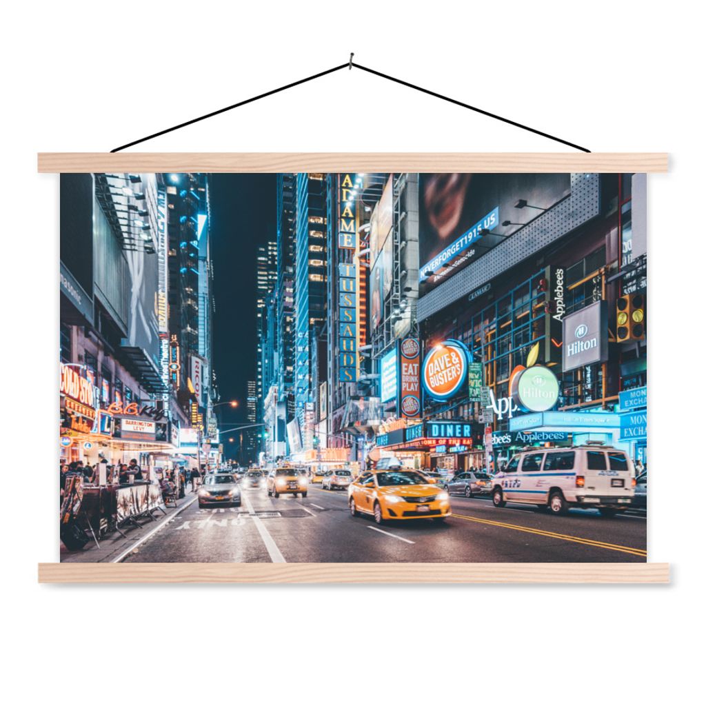 MuchoWow Textilposter New York - Taxi - Times Square 120x80 cm mit holzfarbenen Rahmen - Aufhängeset