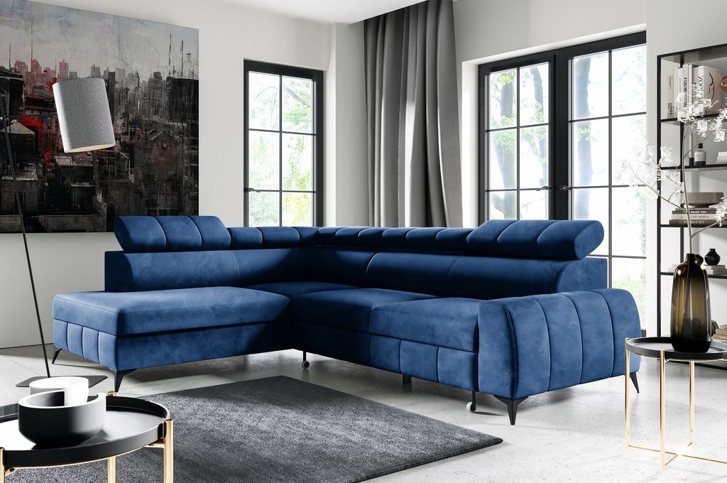 Modernes Ecksofa LAGET Couch mit Schlaffunktion und Bettkasten, L-form - linke Seite, Farbe: Dunkelblau, Monolith 77