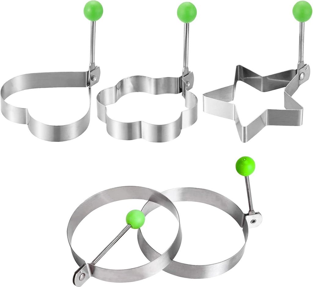 Egg Ring 5 Stück, Edelstahl Omeletts 9,5-10,5 cm, Antihaft Pancake Form Runde Liebesherz Stern Blumen, Spiegeleierformen