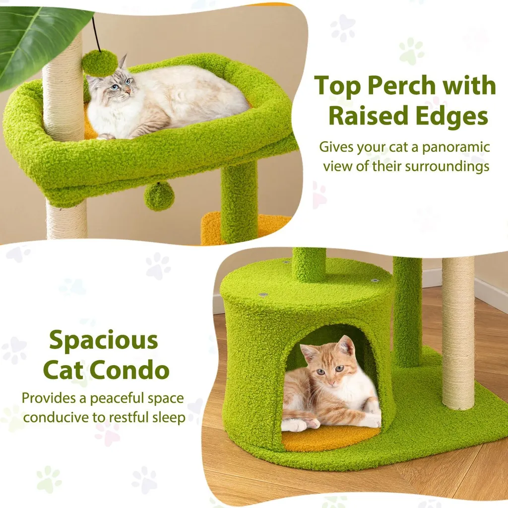 Arbre à chat design 4 niveaux avec griffoir sisal et feuillage vert