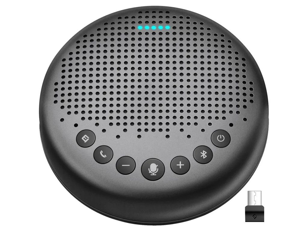 A studio shot of a portable speakerphone.
