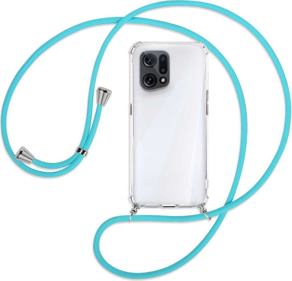 Handykette Backcover-Schutzhülle mit Band (Metall silberfarben) für Oppo Find X5 - türkis