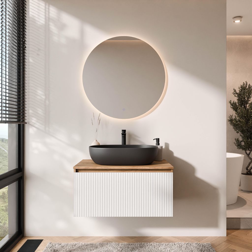 Planetmöbel ARISA Badmöbel Set Weiß Geriffelt – Mit Nova LED Spiegel und scharzen Keramik-Aufsatzwaschbecken 60 cm