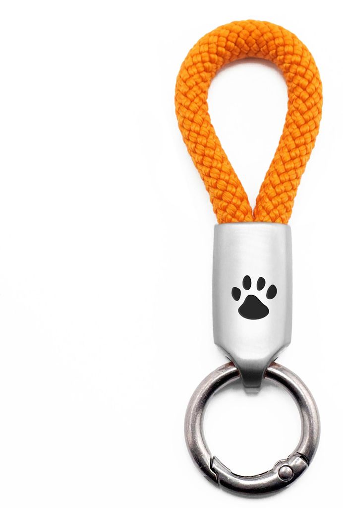 GIPFELWELLE Handgemachter Edelstahl Schlüssel Anhänger mit Gravur Kette Ring Paracord 6 mm Segeltau, Damen Herren, Pfote, Orange, Silber