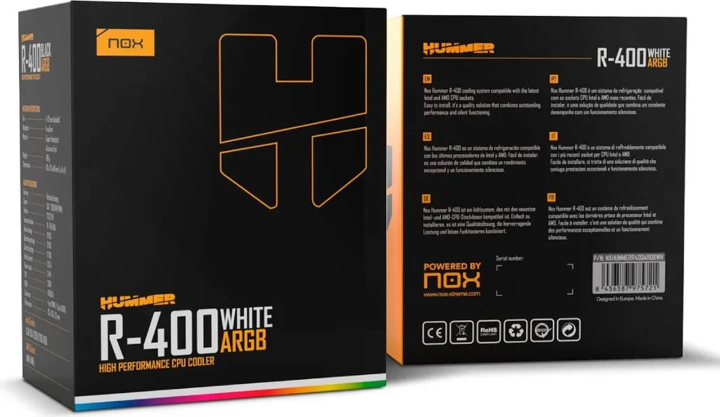 Ventilateur CPU Nox Hummer R-400 ARGB Blanc pour socket Intel et AMD