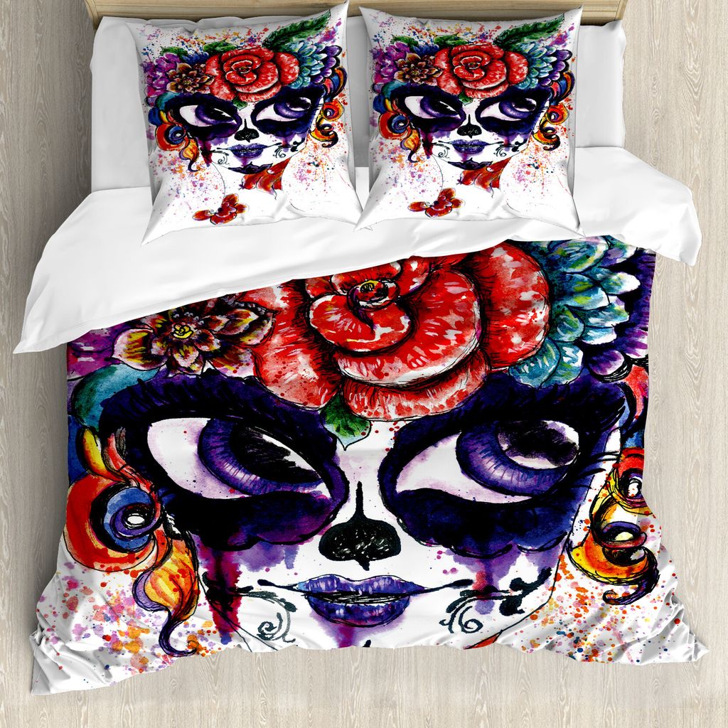 ABAKUHAUS Zuckerschädel Bettbezug, Floral Big Eyes, Milbensicher Allergiker geeignet mit Kissenbezügen, 200 cm x 200 cm - 80 x 80 cm, Mehrfarbig