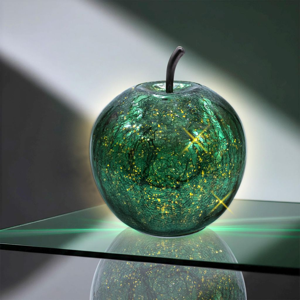 LED Crackle Glas Apfel 16 cm - metallic grün - Deko Frucht in Bruchglas Optik