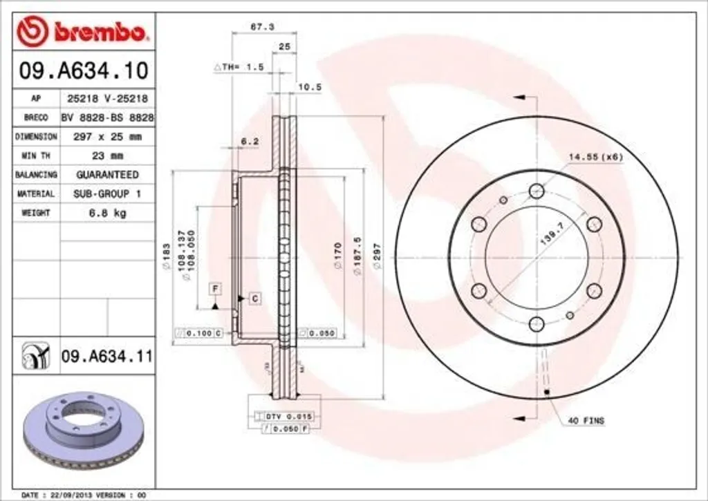 Disque de frein BREMBO 09.A634.10 OE 435120K060 pour Toyota Hilux