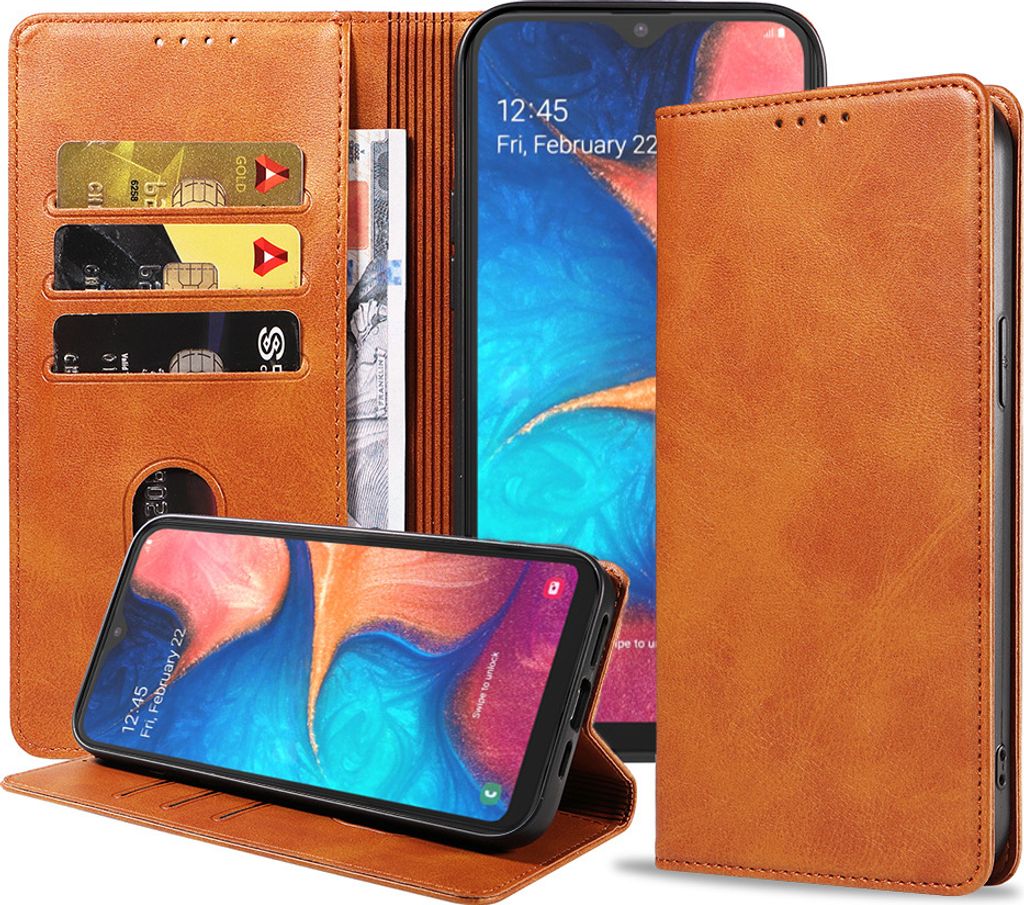 Smartphonica Samsung Galaxy A20E leren hoesje met magnetische sluiting en pashouders – Bruin