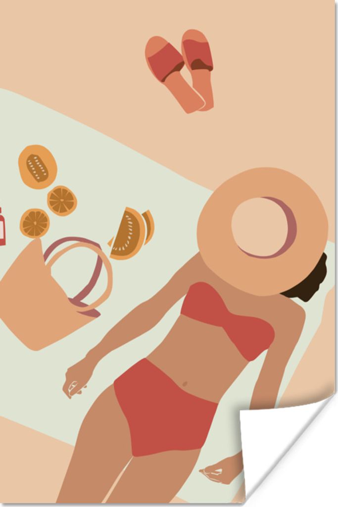 MuchoWow Poster Frauen - Hut - Pantoffeln - Strand 80x120 cm - Papierdruck