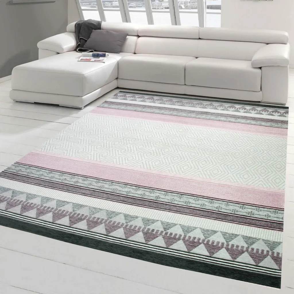 Grand Tapis de Salon Déco Carreaux Crème Gris Lilas 135x200 pour Intérieur