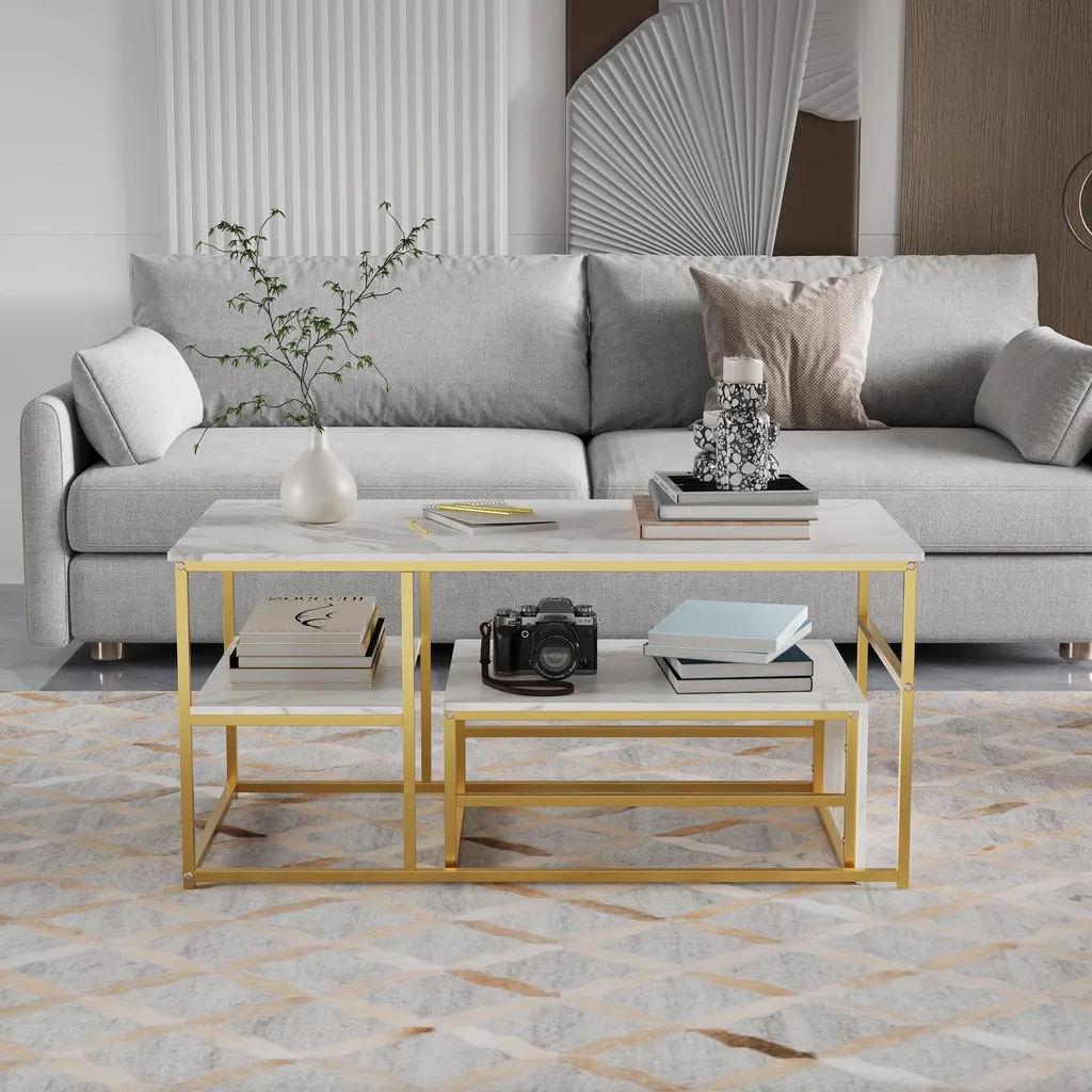 Tavolino Quadrato Marmo e Oro - Set 2 Pezzi Salvaspazio Moderno