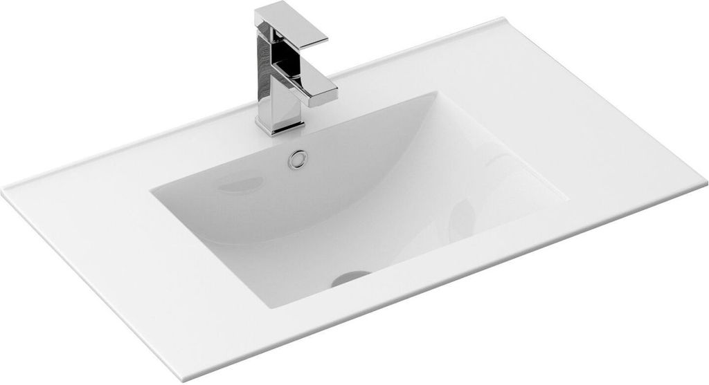 A white rectangular sink with a chrome faucet is shown from a slightly elevated angle against a white background.
