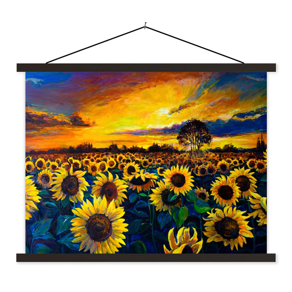 MuchoWow Textilposter Gemälde - Ölfarbe - Blumen - Sonnenblume 120x90 cm mit schwarzem Rahmen - Aufhänger für Poster