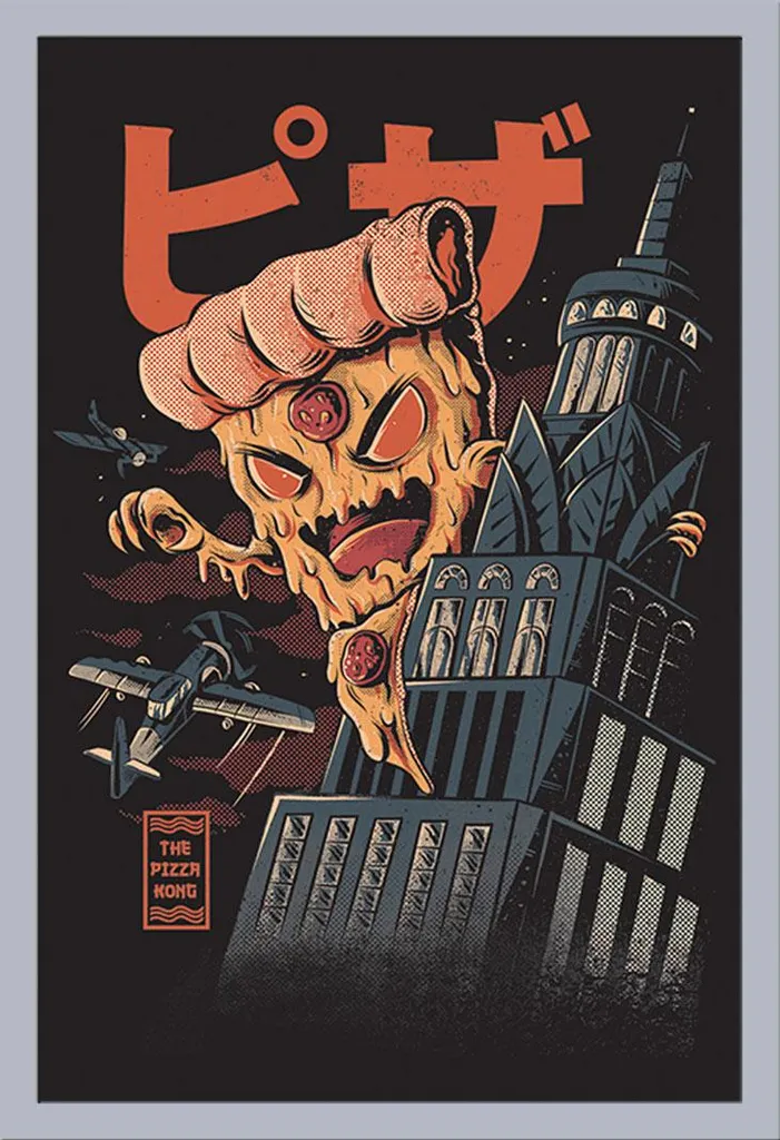Poster Pizza Kong Ilustrata con Cornice Shinsuke Maxi Argento 61x91,5