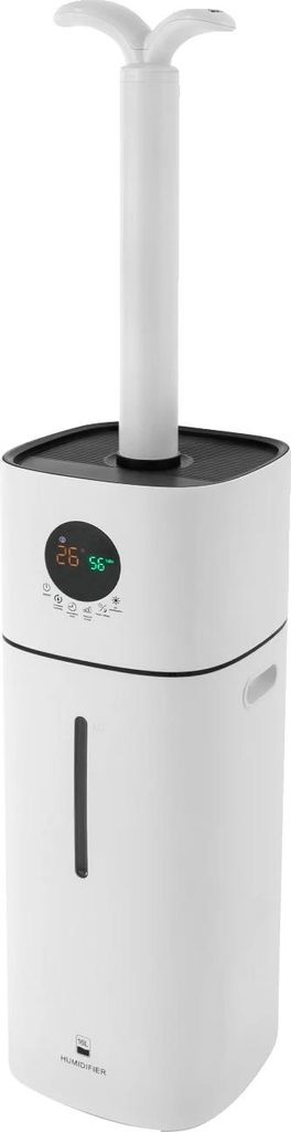 A white humidifier with a digital display.