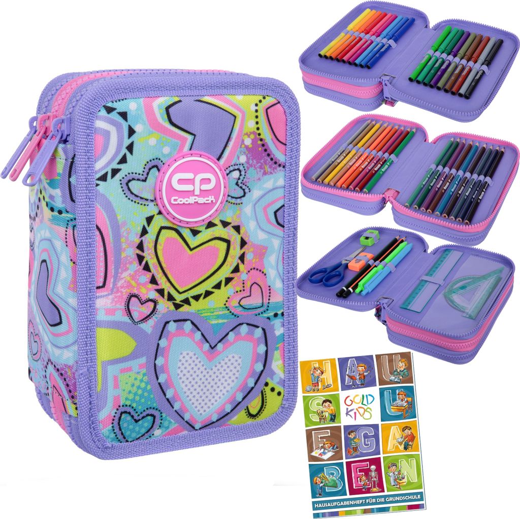 Federmäppchen 3 Fächer - Mäppchen für Mädchen und Jungen - Federmappe 3-Fach Federtasche Gefüllte Schüleretui 46-teilig - Schulmäppchen und...