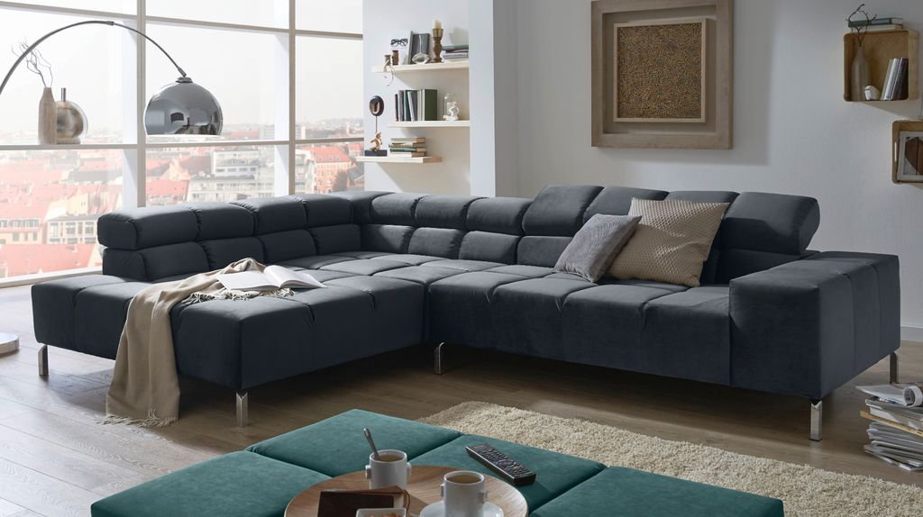 KAWOLA Sofa NELSON Ecksofa Velvet schwarz Recamiere links
