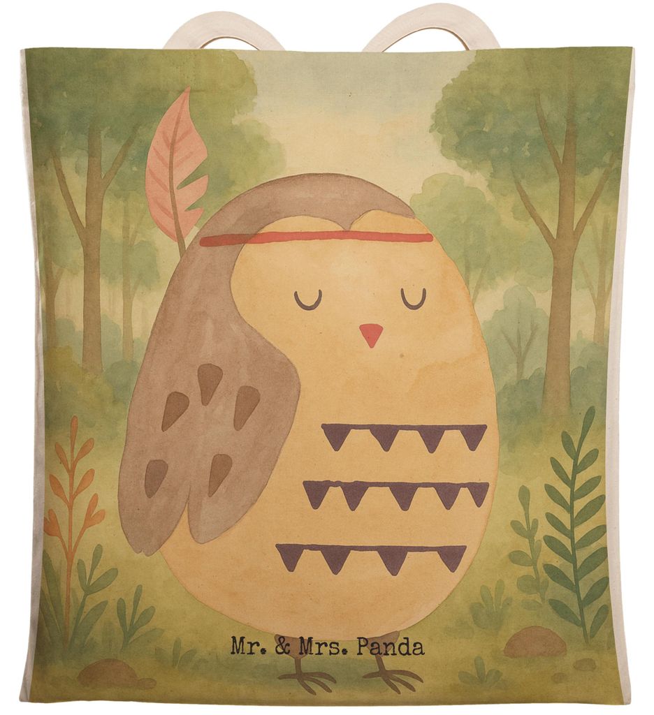 Mr. & Mrs. Panda Einkaufstasche Eule Federschmuck Design - Weiß - Geschenk, Tote Bag, Entspannt, Tasche, Tragetasche, Abenteuer, Dekoration, Stoff...