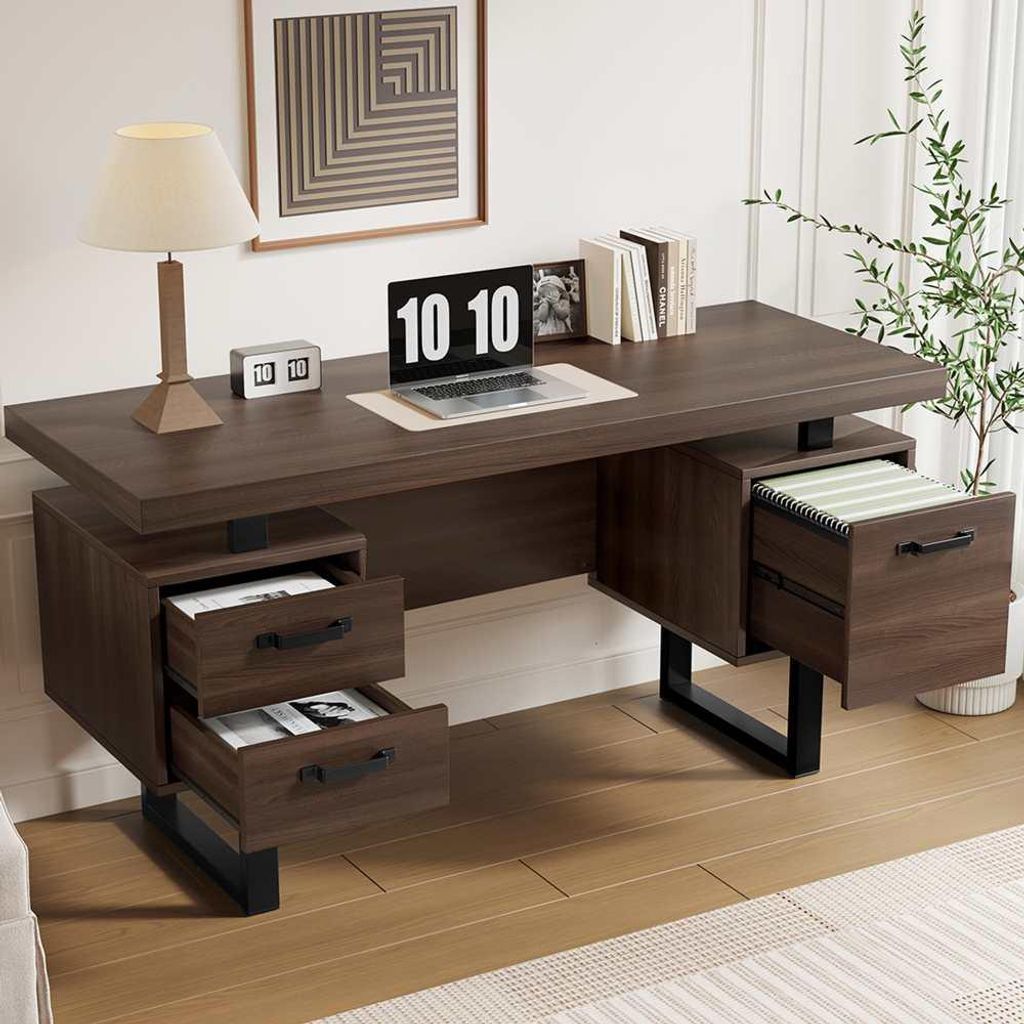 Moderner minimalistischer Schreibtisch mit MDF-Platte & robustem Stahlrahmen, multifunktionalem Stauraum & geräuschloser Schublade,135 x 54 cm, braun