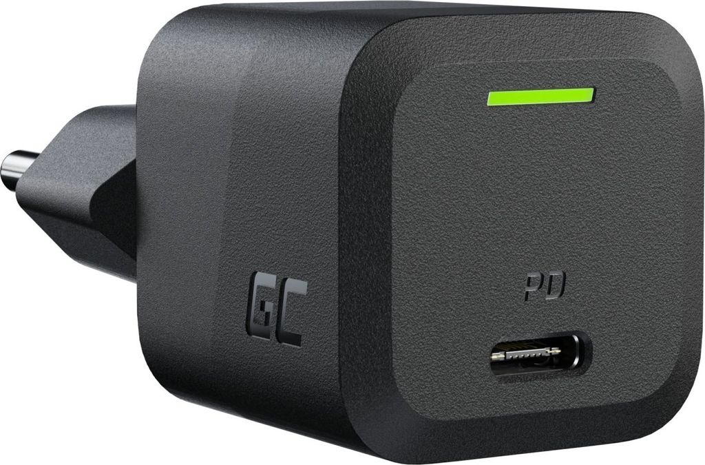A black USB-C power adapter with a green LED indicator light.