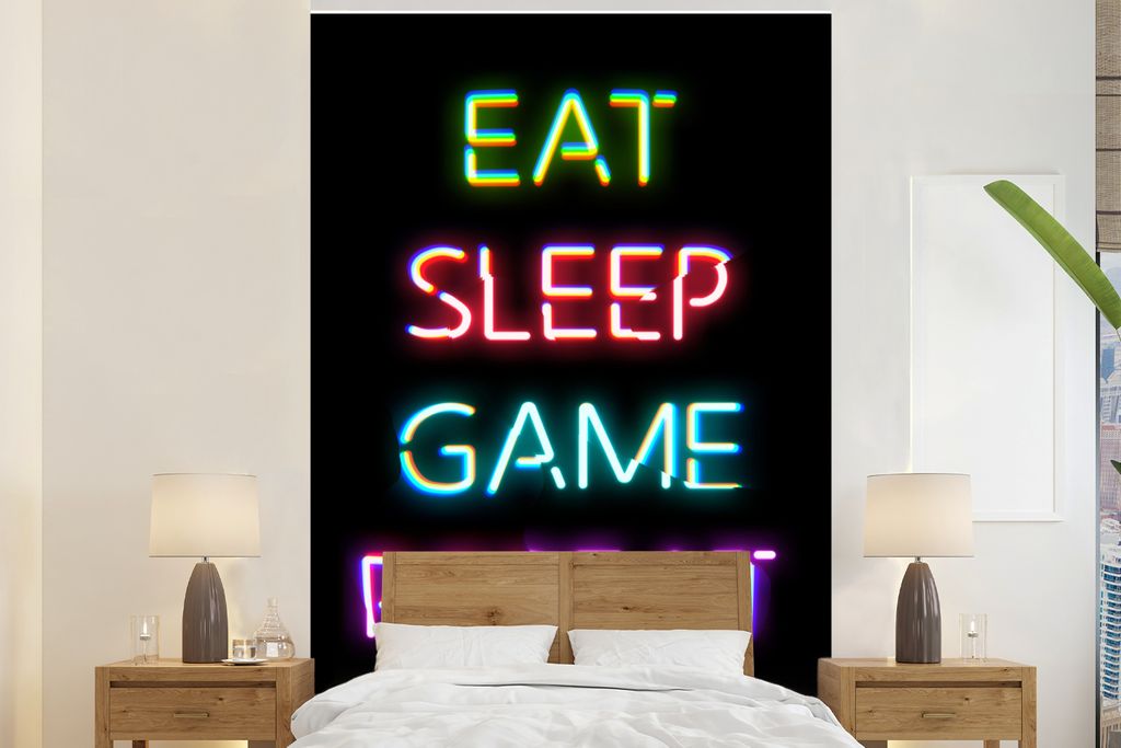 MuchoWow Fototapete für Wohnzimmer oder Schlafzimmer Wandtapete Vinyl Motivtapete Gaming - Led - Zitat - Eat sleep game repeat - Gaming - 170x26...