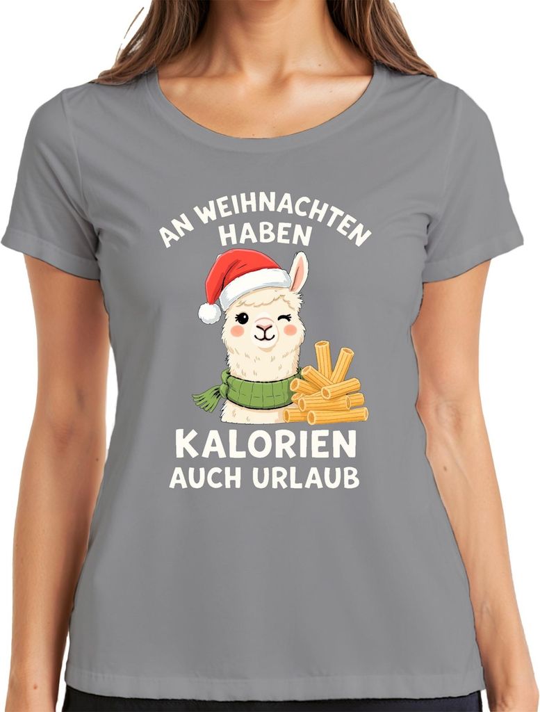 An Weihnachten haben Kalorien Urlaub Alpaka Lama lustig Damen T-Shirt, Grau, M