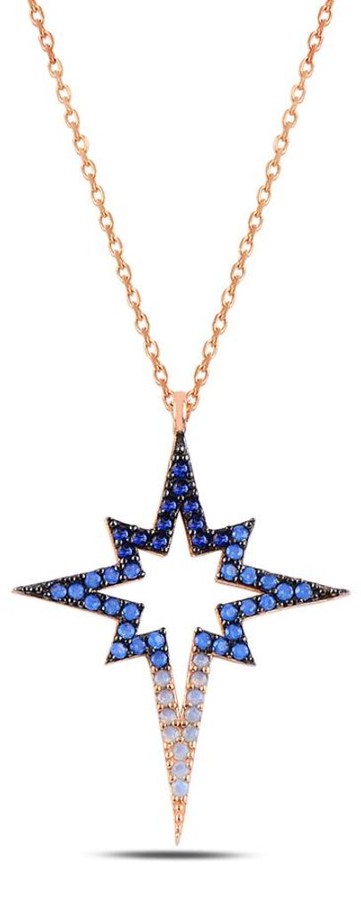 925 Silber Polarstern Kette Rosegold – Damen Halskette mit Blau-Verlauf Zirkonia
