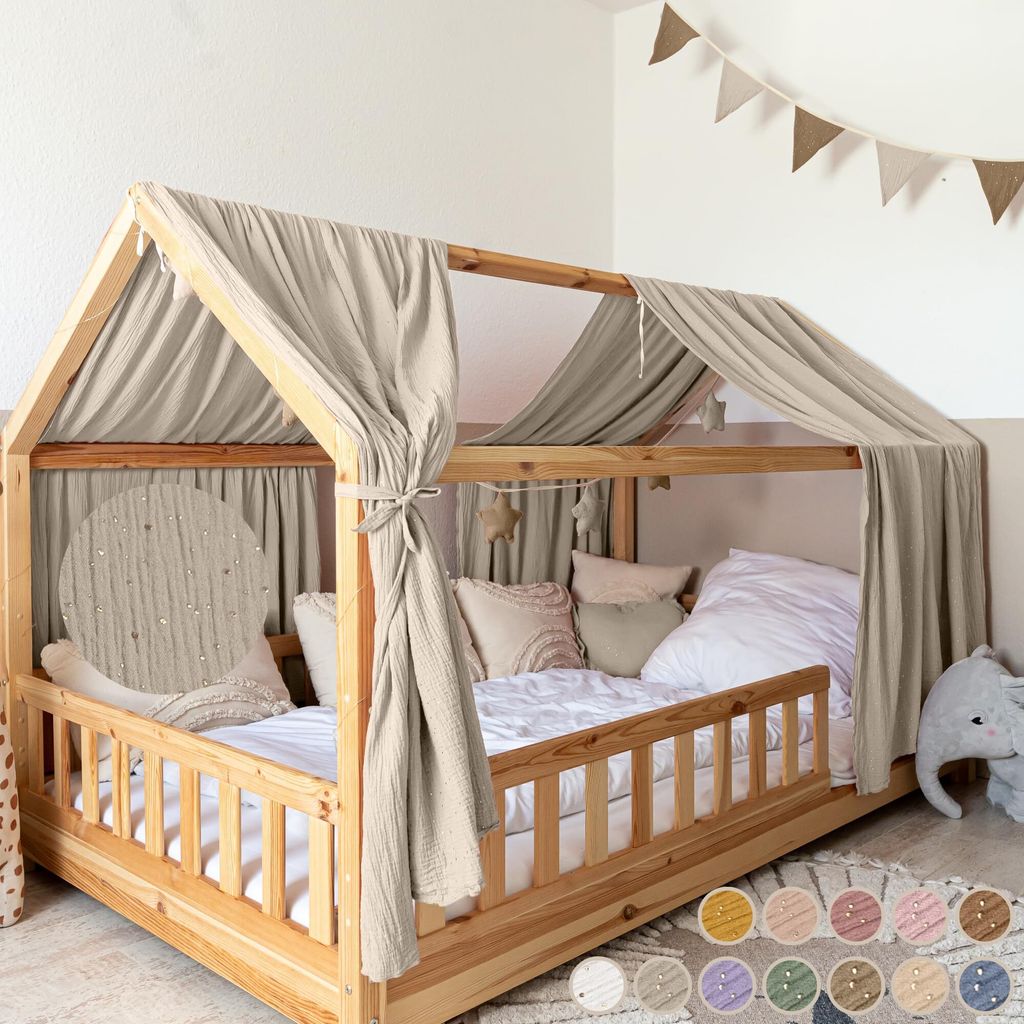 Musselin Hausbett Himmel für Kinderzimmer mit Gold Applikation