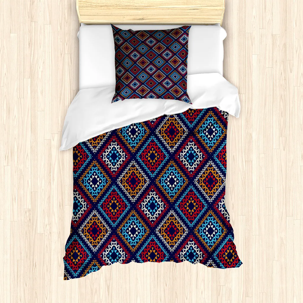 ABAKUHAUS Set copripiumino azteco per letti singoli, motivi folk in colori vivaci, antiacaro, adatto a chi soffre di allergie, con federa, 135 cm x 200 cm - 80 x 80 cm, blu notte multicolore