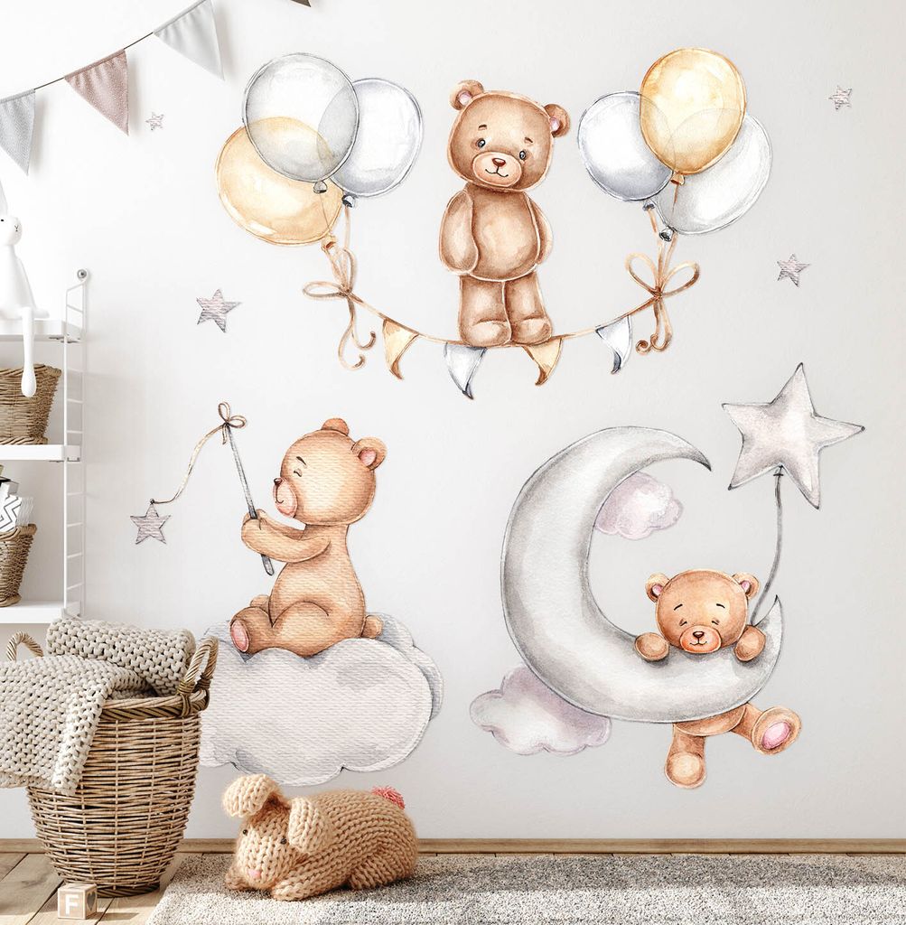 Teddybären und Luftballons am Himmel – Wandgestaltung – Wandbilder Kinder – Motivtapeten Set – Wanddekor Kinderzimmer – Selbstklebende W...