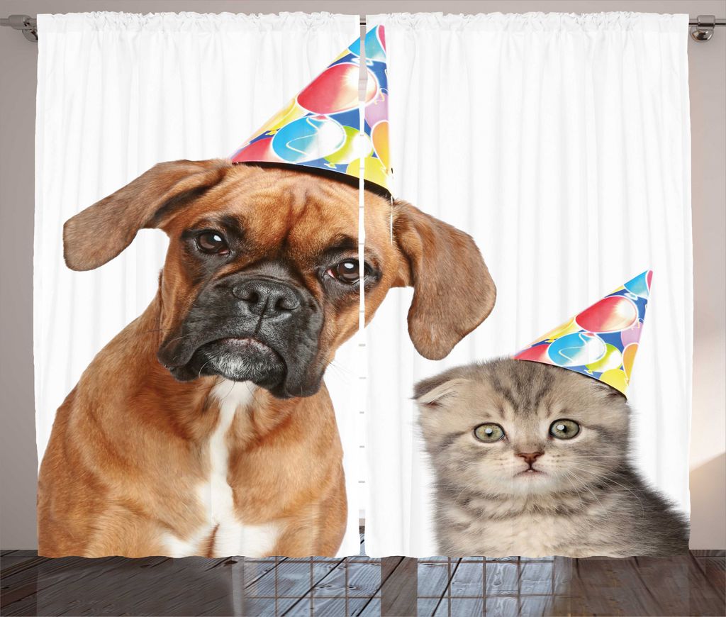ABAKUHAUS Boxer-Hund Rustikaler Vorhang, Funny Dog Scottish Cat, Wohnzimmer Universalband Gardinen mit Schlaufen und Haken, 280 x 245 cm, Mehrfarbig