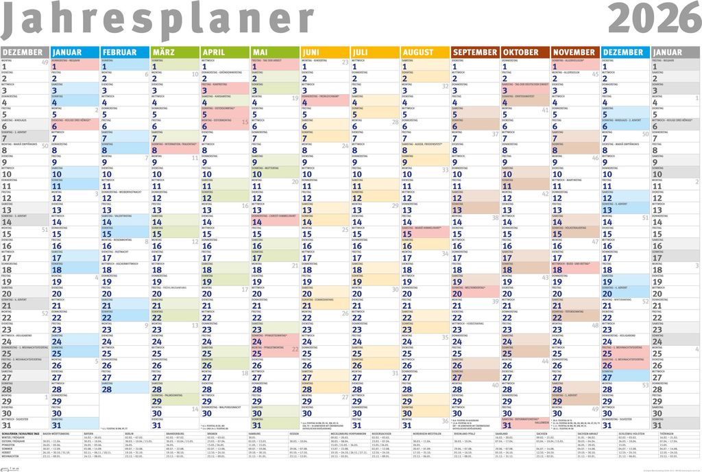 Jahresplaner 2026 - Wandplaner Kalender Poster Druck - Grösse 91,5x61 cm gerollt