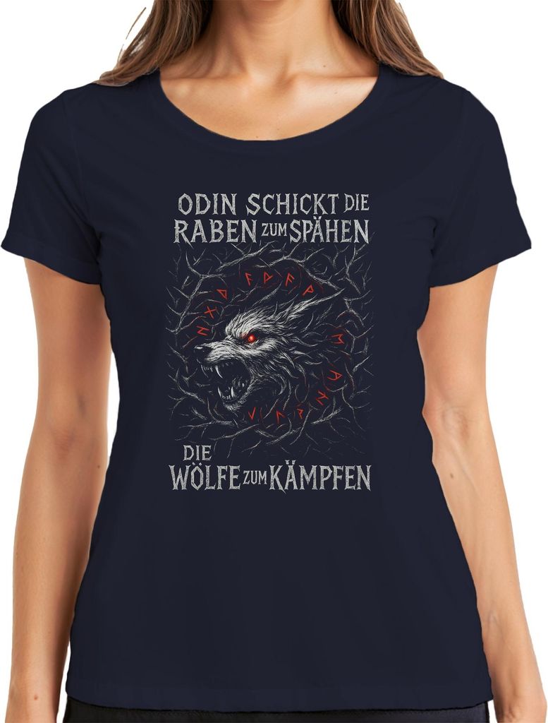 Odin schickt Raben Wölfe Kämpfen Fenrir Wikinger Nordisch Runen Damen T-Shirt, Navy, S