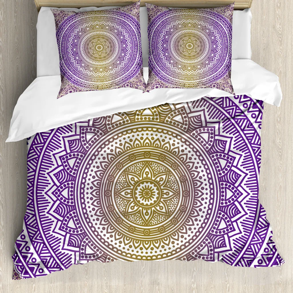 ABAKUHAUS Copripiumino giallo e viola, Cosmos Mandala, antiacaro, adatto a chi soffre di allergie, con federe, 155 cm x 220 cm - 80 x 80 cm, senape e viola
