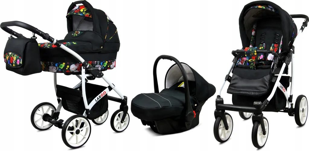 Poussette BabyLux Largo Chat 3-en-1, design Fleurs de jardin tout-terrain