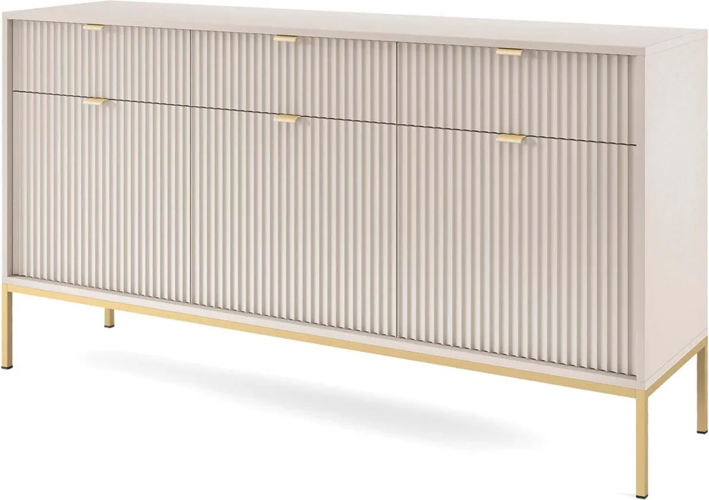 Buffet bas beige et doré 154cm Avon : grand meuble de rangement élégant