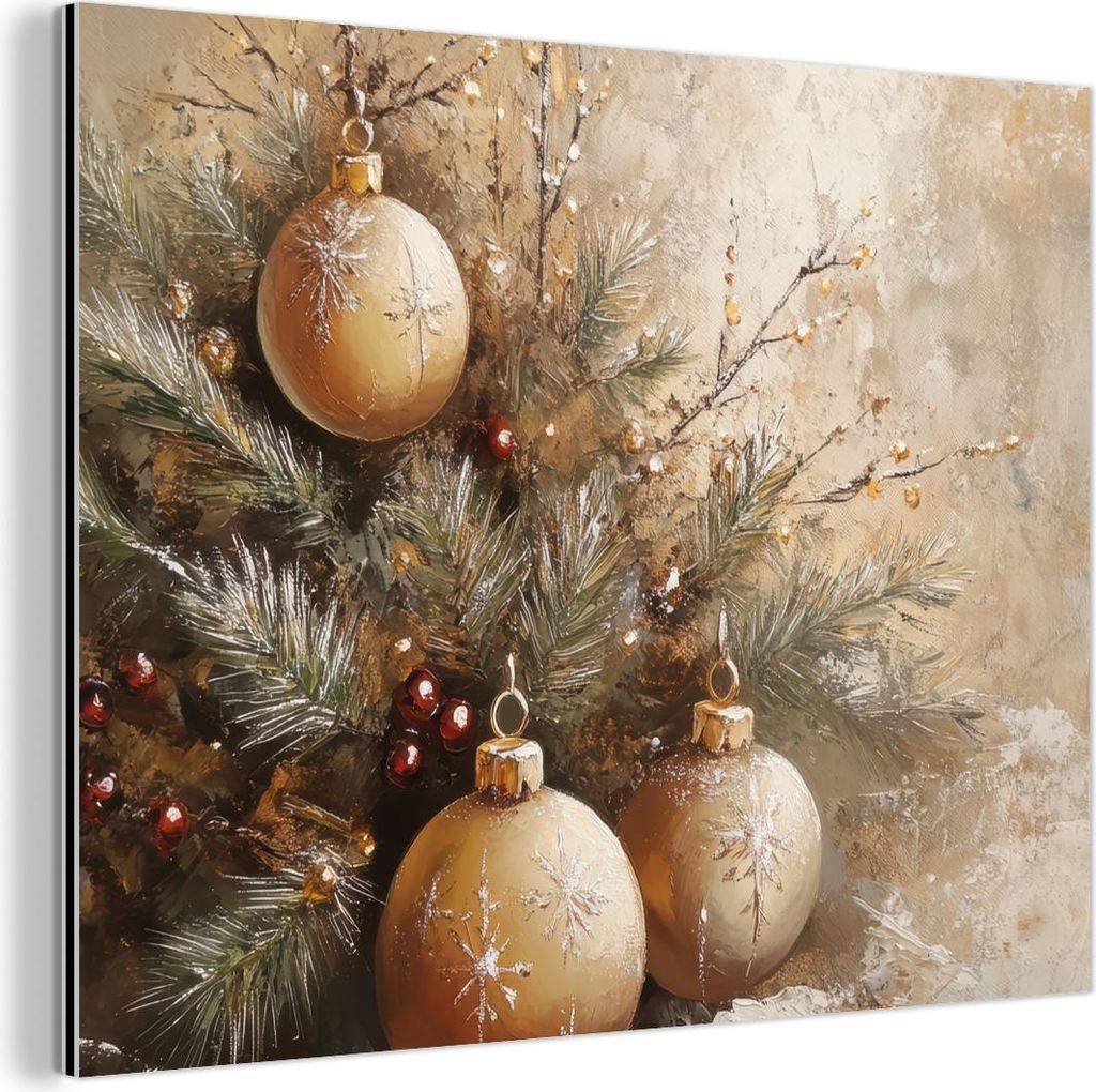 MuchoWow Wanddekoration Metall Metallbild Wandkunst 80x60 cm Weihnachten - Kugeln - Beige - Gold MuchoWow Aluminium Gemälde - Alubild