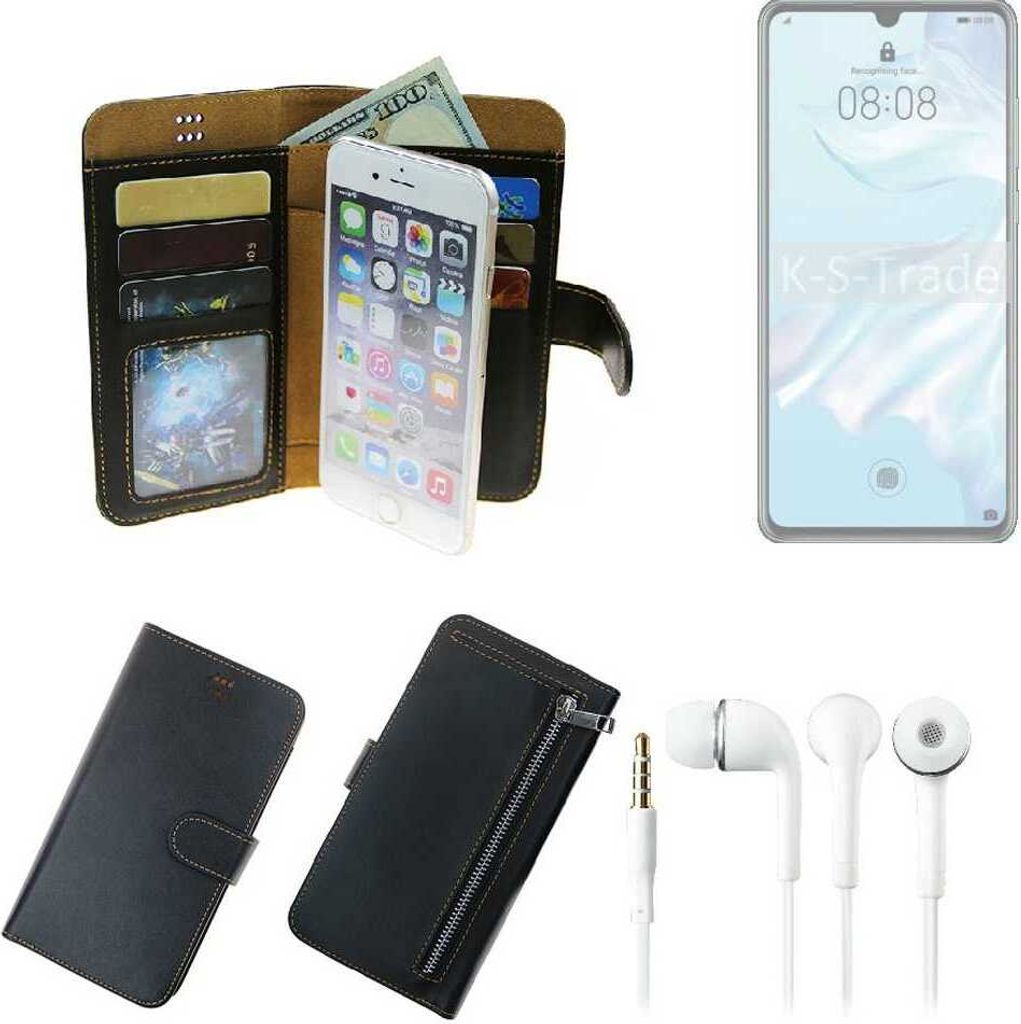 TOP SET Handy Hülle Schutz Hülle kompatibel mit Huawei P30 Pro schwarz aus Kunstleder + Kopfhörer Smartphone Tasche vollwertige Geldbörse