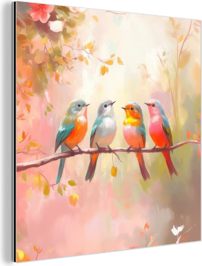 MuchoWow Wanddekoration Metall Metallbild Wandkunst 20x20 cm Vögel - Bunt - Zweig MuchoWow Aluminium Gemälde - Alu Dibond Bilder